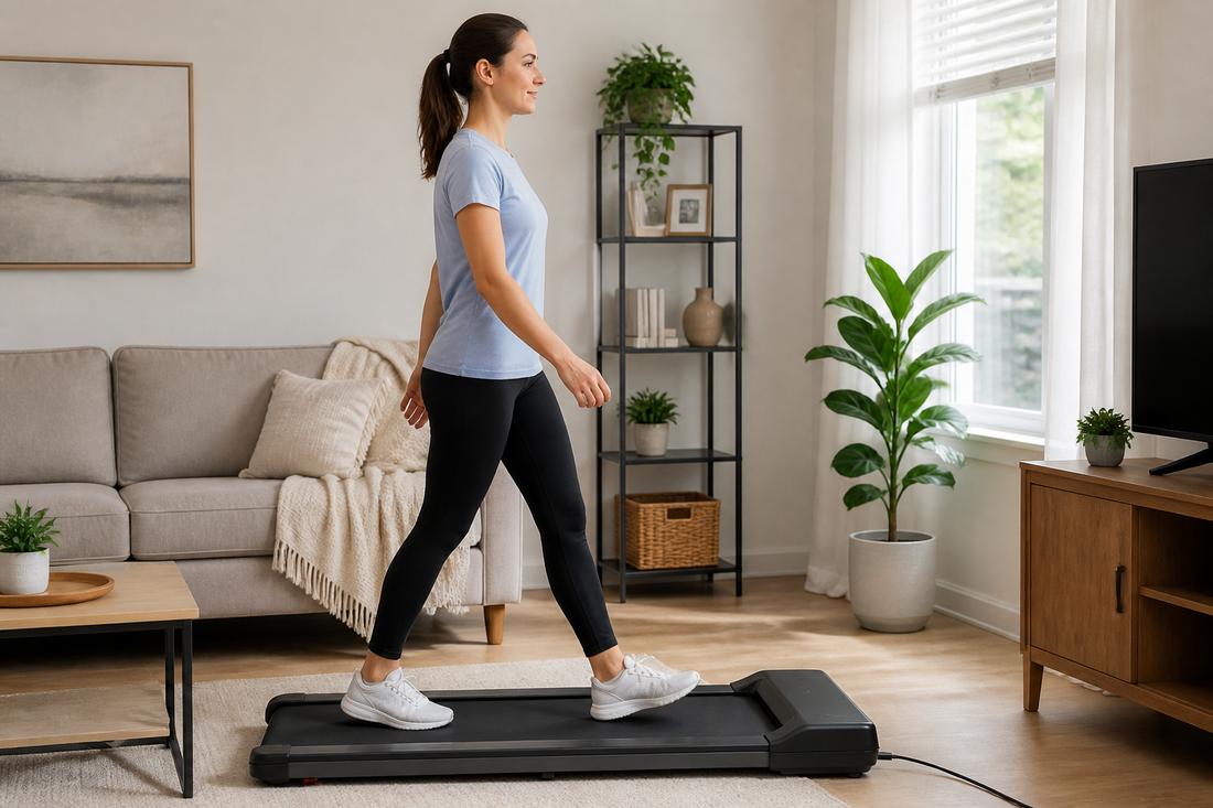 Adult walking on a compact walking pad in a bright home living room