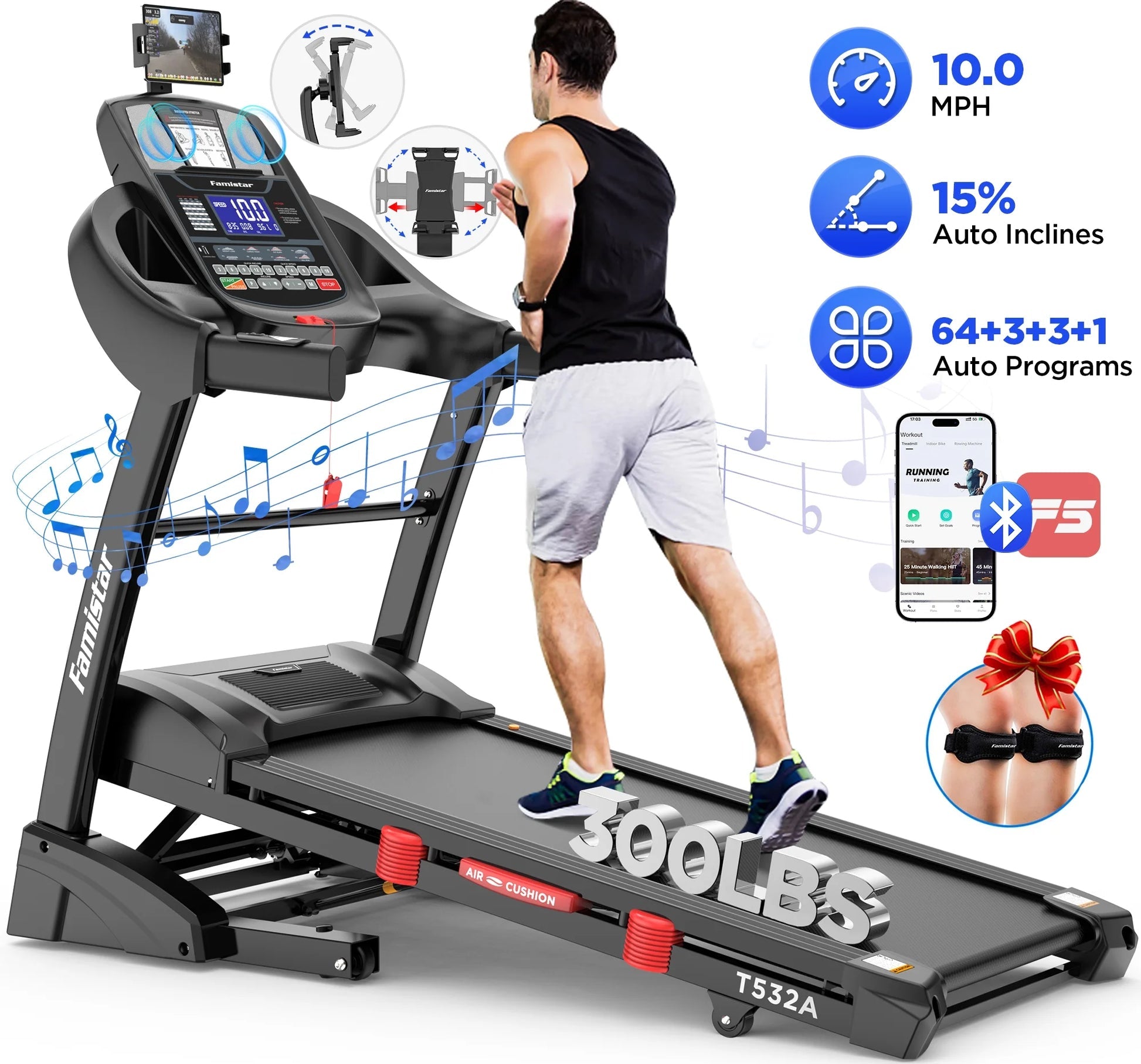 Famistar T532 foldable treadmill with 15% auto incline, app control and 300 lb capacity