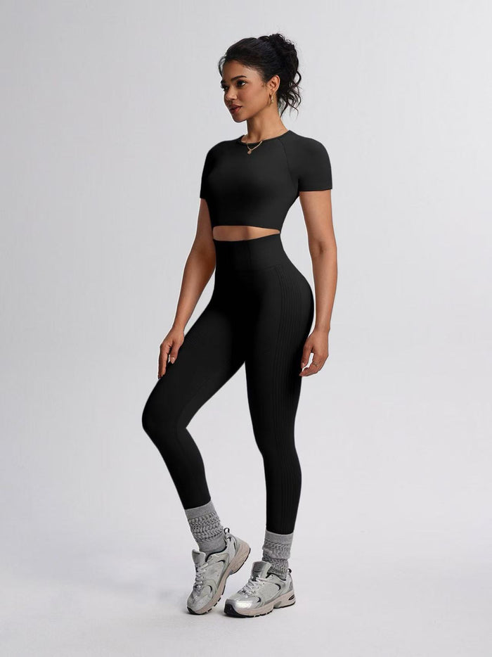 Women's 2-Piece Seamless Workout Outfit, Short Sleeve Crop Top & High Waist Ribbed Butt Lifting Yoga Leggings Fitness Activewear Set