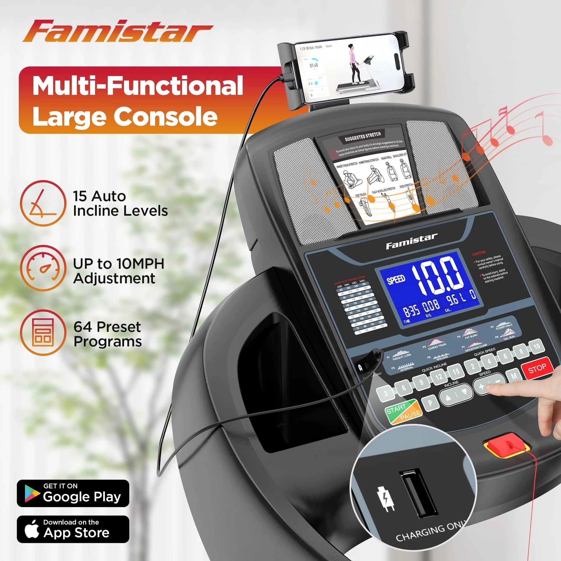 Famistar T532 treadmill console with 64 preset programs and app support