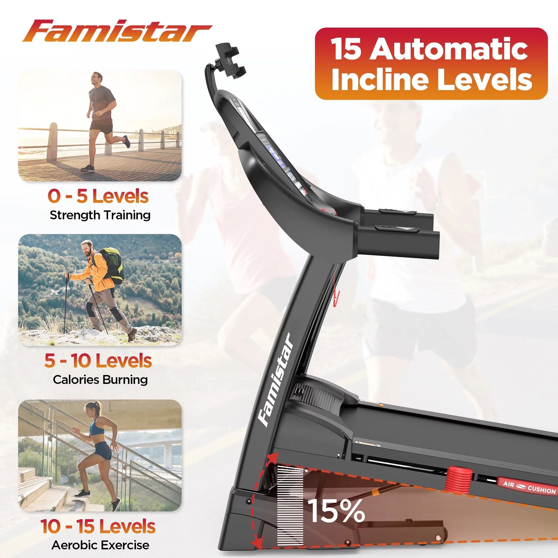 Famistar T532 treadmill showing 15 automatic incline levels